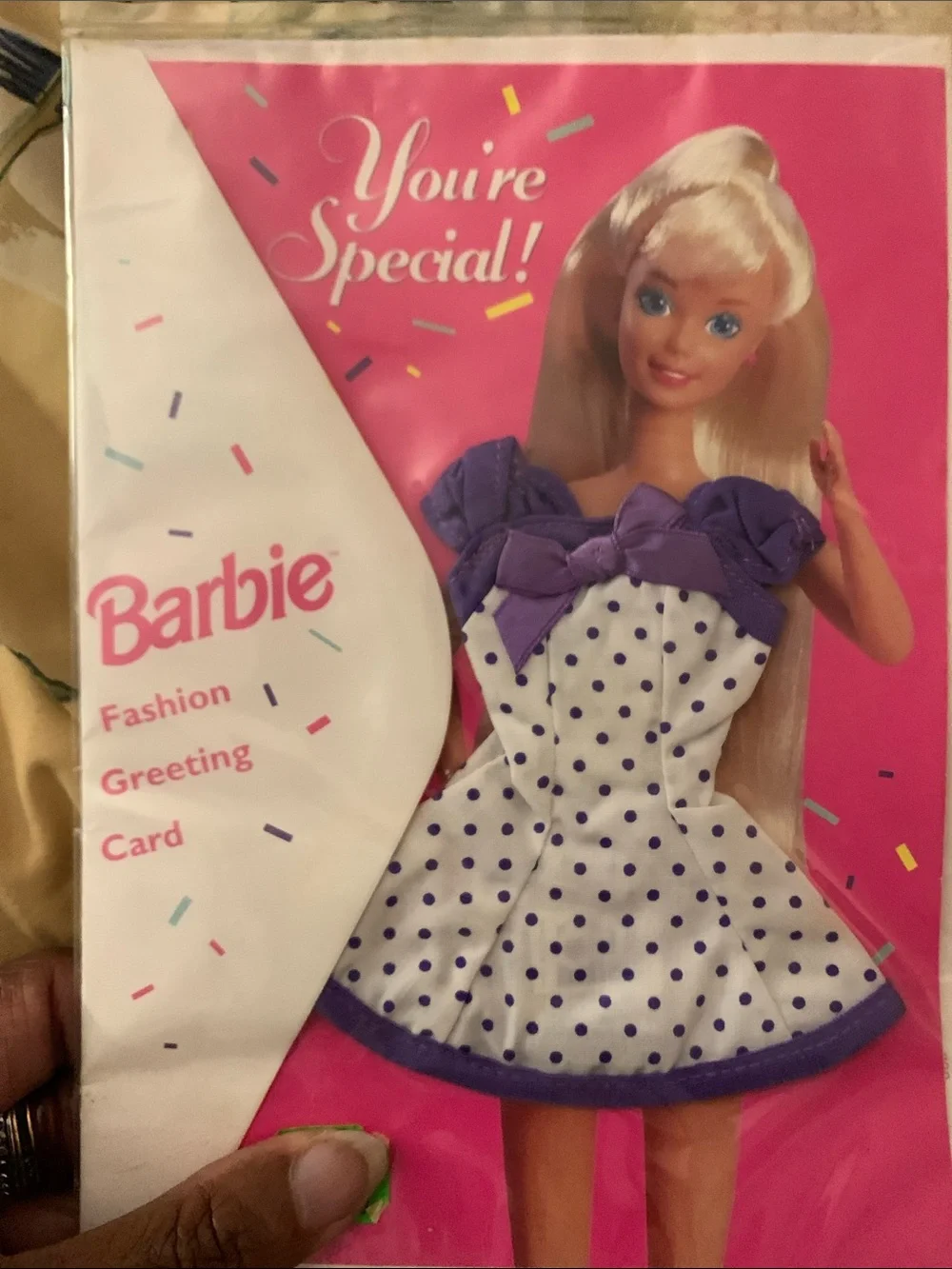 Vintage 1994 Barbie Pink Greeting Card with White & Purple Polka Dot Dress